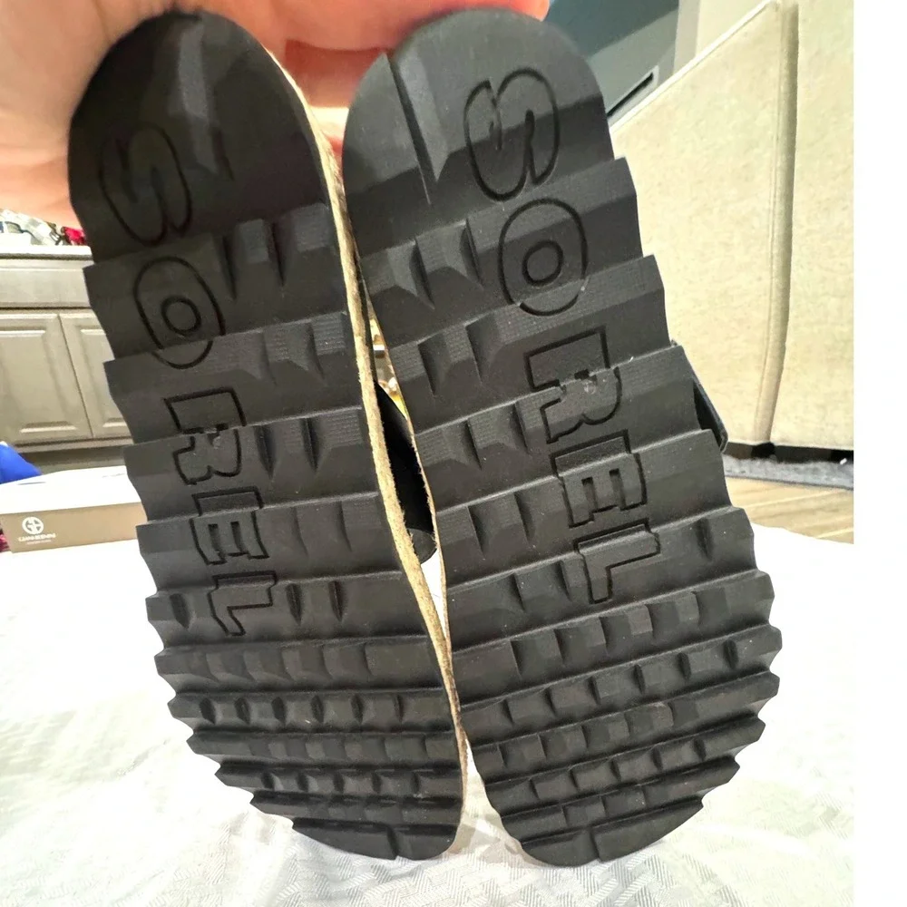 Sorel Women's‎ Leather Slide Sandals Black Buckle Espadrille Platform Size 9.5